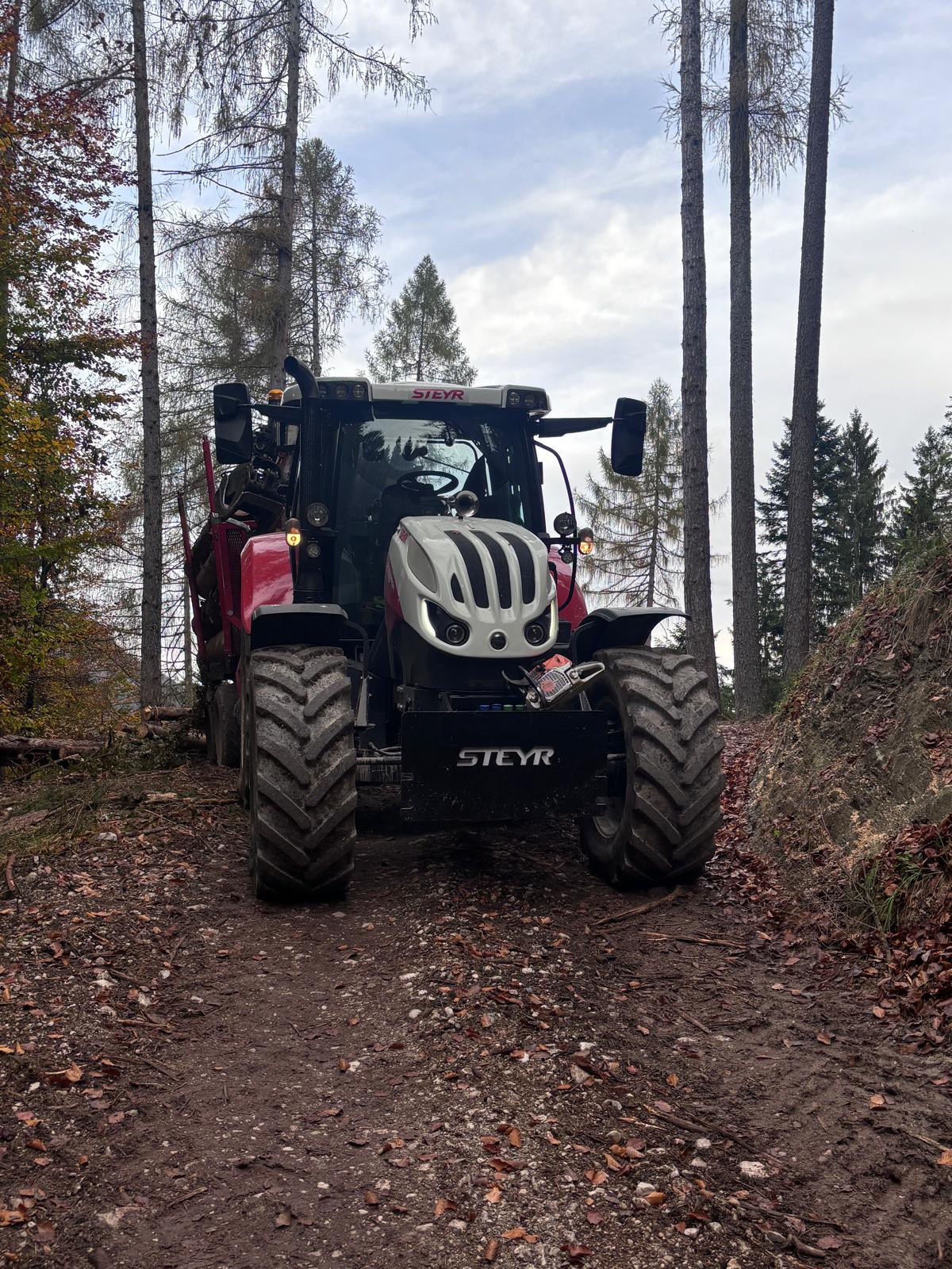 Trattore forestale con rimorchio di tronchi su strada sterrata in autunno
